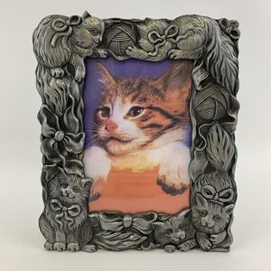 Vintage 3D Metal Cat Photo Frame Embossed Kittens Pewter Tone Picture Frame
